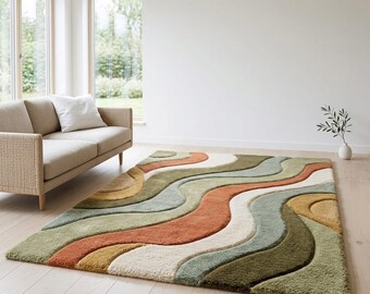 Alfombra ondulada en tonos tierra / Alfombra moderna de mediados de siglo para sala de estar / Alfombra abstracta en naranja quemado y verde salvia / Alfombra mullida tejida a mano a medida