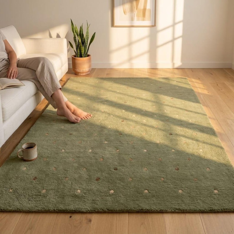 Sage Green Tufted Wool Rug in Scandi Living Room - Person Sitting Barefoot - Soft Wool Area Rug - Warm Color Rug - Boho Living Room Rug