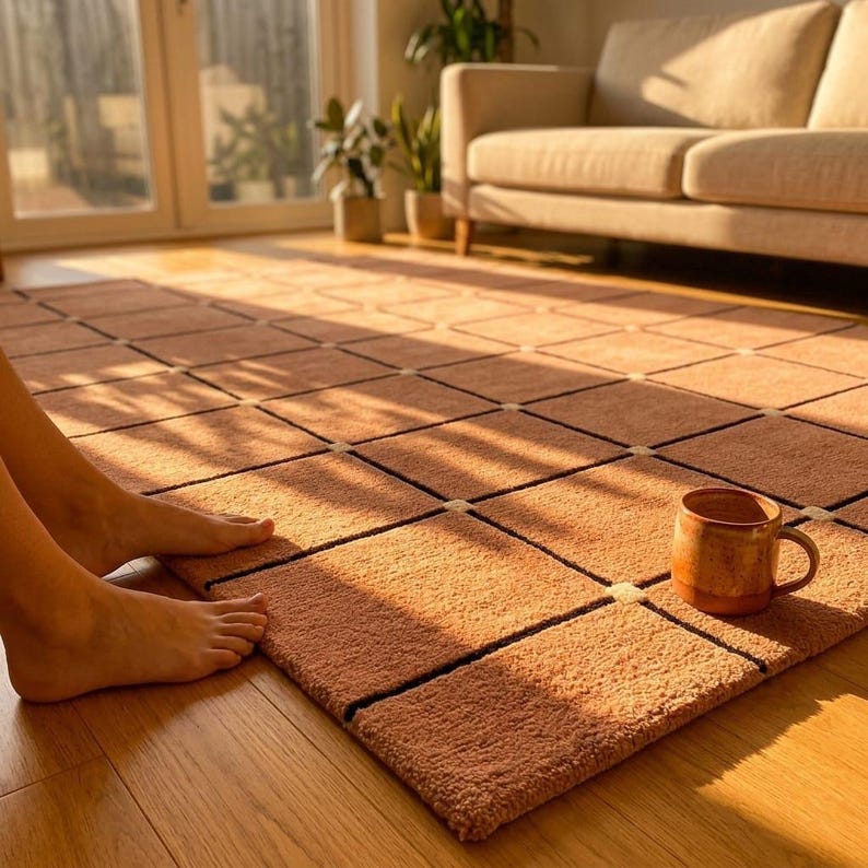 Terracotta Check Rug in Boho Living Room - Warm Morning Light - Grid Pattern Wool Rug - Rust Orange Floor Rug - Modern Cozy Home Decor
