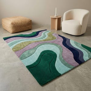 Abstract Multicolour Wave Rug Scandi Room - Green Teal Navy Purple Floor Rug - Bold Statement Rug - Wavy Design Rug - Modern Cozy Decor Living Room