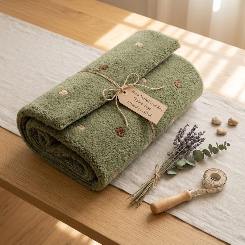 Sage Green Polka Dot Rug Rolled Gift Packaging - Hand Tufted Wool Rug Ethically Crafted - Sage Boho Area Rug - Housewarming Gift - Natural Wool Decor