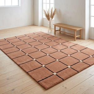 Large Terracotta Grid Area Rug - Minimalist Boho Room - Geometric Floor Rug - Rust Orange Black Cream - Handmade Tufted Rug - Modern Cozy Decor