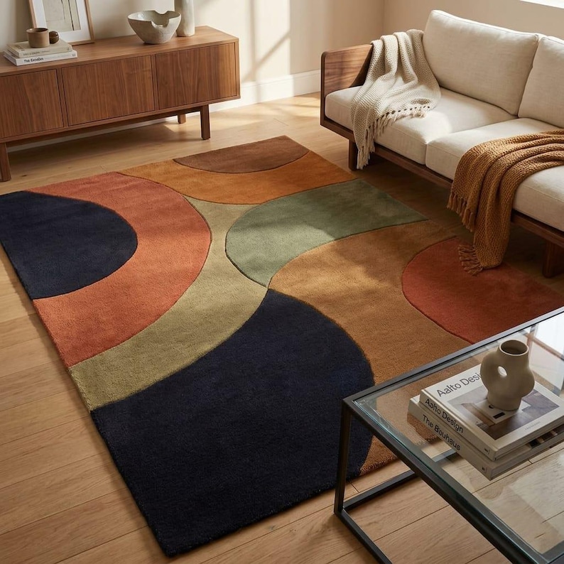 Abstract Geometric Rug Bauhaus Style - Glass Coffee Table Modern Living Room - Bold Statement Rug Terracotta Navy - Retro Modern Carpet