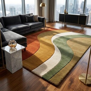 Wavy Rug Earth Tone | Burnt Orange Sage Green Area Rug | Mid Century Modern Living Room Rug | Nature Inspired Soft Plush Carpet
