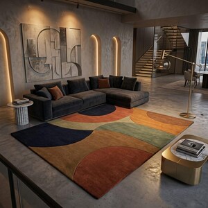 Bold Statement Rug in Luxury Penthouse - Dramatic Dark Interior - Retro Abstract Geometric Tufted Area Rug - Terracotta Navy Midcentury