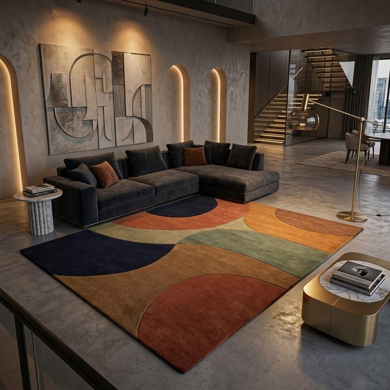 Bold Statement Rug in Luxury Penthouse - Dramatic Dark Interior - Retro Abstract Geometric Tufted Area Rug - Terracotta Navy Midcentury