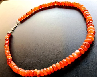 Natural Orange Corundum Faceted Bead Necklace | 18 inch Fiery Gemstone Choker