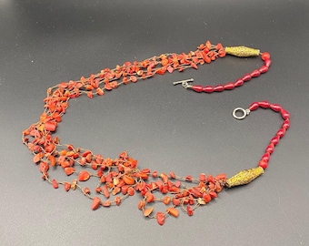 Vintage Natural Red Coral Multi-Strand Beaded Necklace, Handmade Ethnic Statement Jewelry
