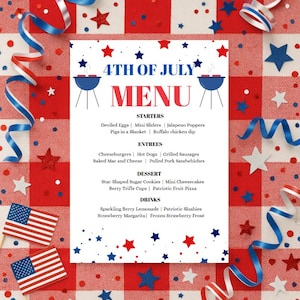 Modèle de menu modifiable du 4 juillet, panneau de menu du jour de l'indépendance patriotique, panneaux de Table de menu du 4 juillet imprimables