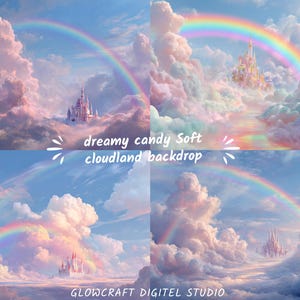 Fairytale background with dreamy castle towers and pastel skies.