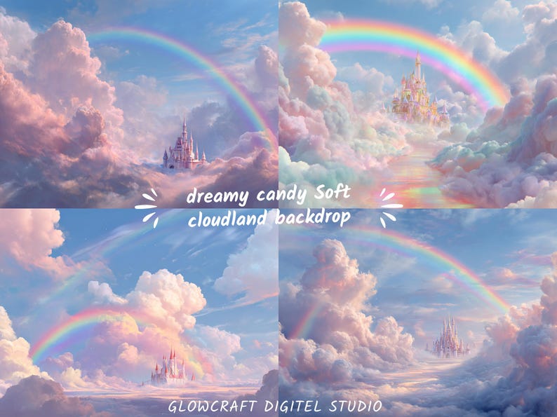 Fairytale background with dreamy castle towers and pastel skies.