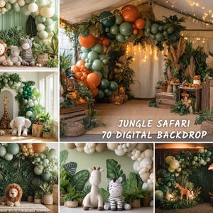 May include: A collection of digital backdrops with a jungle safari theme. The images feature plush animal toys, balloon arches, and lush greenery. The text "Jungle Safari 70 Digital Backdrop" is displayed.