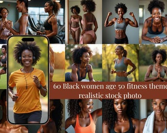 60 Black Women Age 50 Fitness Stock Photos, Realistic AI Wellness Image, Melanin Beauty Active Lifestyle Photography for Brands and Creators