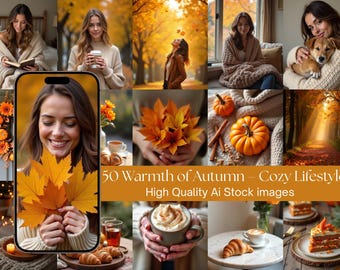 Puede incluir: Un collage de imágenes con temática otoñal. Las imágenes incluyen a una mujer sosteniendo hojas de otoño, calabazas, café y un cachorro. Se muestra el texto "50 Warmth of Autumn - Cozy Lifestyle".