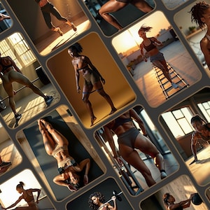Black female model in yoga pose on mat, wellness and health-focused stock image for Instagram content.