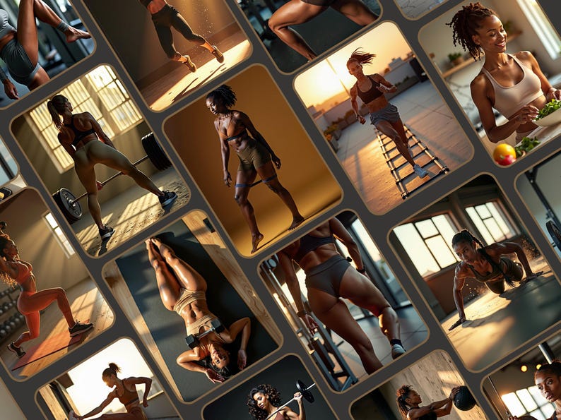 Black female model in yoga pose on mat, wellness and health-focused stock image for Instagram content.