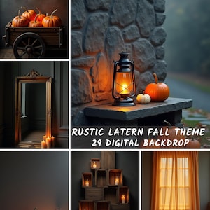 May include: A collage of autumn-themed images. Features include pumpkins in a wooden cart, a lit lantern, a mirror, candles, and wooden crates with candles. The text "RUSTIC LATER FALL THEME 29 DIGITAL BACKDROP" is visible.