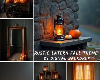 Puede incluir: Un collage de imágenes con temática otoñal. Incluye calabazas en un carro de madera, una linterna encendida, un espejo, velas y cajas de madera con velas. El texto "RUSTIC LATER FALL THEME 29 DIGITAL BACKDROP" es visible.