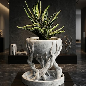 May include: A green and white striped succulent plant potted in a white marble bowl. The bowl is supported by a base sculpted to resemble intertwined tree roots, resting on a matching circular marble tray with a smooth, polished finish.