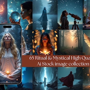 May include: A collection of mystical and ritualistic images. The images include a woman holding a crystal ball, a person looking through a telescope, and a person with angel wings. The text "65 Ritual & Mystical High Quality Ai Stock image collection" is displayed.