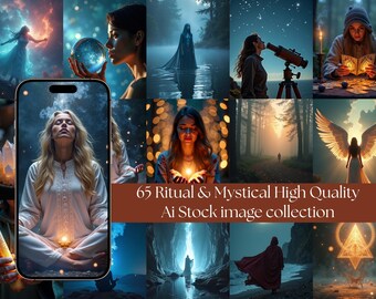 Puede incluir: Un collage de imágenes místicas y rituales. Las imágenes incluyen a una mujer sosteniendo una bola de cristal, una persona mirando a través de un telescopio y una persona con alas de ángel. Se muestra el texto "65 Ritual & Mystical High Quality Ai Stock image collection".