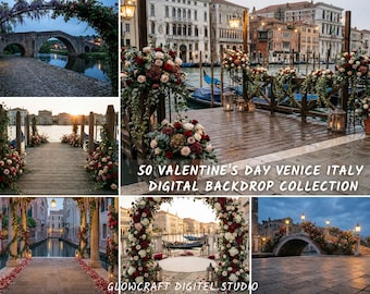 Puede incluir: Una colección de fondos digitales con escenas románticas en Venecia, Italia. Las imágenes muestran puentes, canales y muelles adornados con arreglos florales en tonos rojos, blancos y verdes. El texto dice "50 Valentine's Day Venice Italy Digital Backdrop Collection."