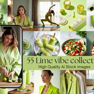 May include: A collection of images with a lime green theme. The images include limes, a woman in a lime green robe, lime-flavored ice lollies, a green smoothie, a green handbag, and text that reads "55 Lime vibe collection".