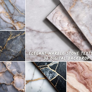 Pode incluir: Uma coleção de texturas de pedra de mármore em várias cores, incluindo cinza, preto e rosa, com veios dourados. A imagem inclui o texto "ELEGANT MARBLE STONE TEXTURES 36 DIGITAL BACKDROP".