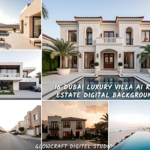 May include: A collage of images showcasing luxury villas and real estate in Dubai. The images feature modern architecture, swimming pools, and desert landscapes. Text on the image reads "16 Dubai Luxury Villa AI Real Estate Digital Backgrounds" and "Glowcraft Digitel Studio."
