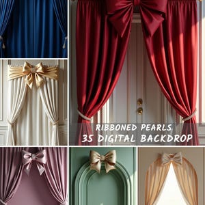 May include: Digital backdrops showcasing draped curtains in shades of blue, red, and cream. Each design features a large bow at the top, with some incorporating pearl detailing. The text "RIBBONED PEARLS 35 DIGITAL BACKDROP" is displayed across the image.