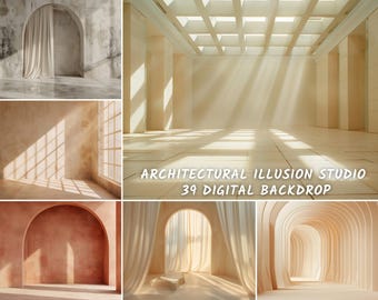Puede incluir: Un collage de fondos de estudio de arquitectura. Las imágenes muestran varios espacios interiores con puertas arqueadas, grandes ventanas e iluminación natural suave. Se muestra el texto "ARCHITECTURAL ILLUSION STUDIO 39 DIGITAL BACKDROP".