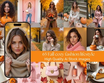 Puede incluir: Un collage de imágenes con temas de moda y estilo de vida otoñal. Las imágenes incluyen mujeres con atuendos de otoño, calabazas y accesorios. El texto de la imagen dice "65 Fall cozy fashion lifestyle High Quality Ai Stock images."