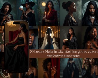 Puede incluir: Un collage de imágenes con mujeres de piel oscura en moda gótica. Las imágenes muestran varias poses y escenarios, incluyendo una mujer sosteniendo una bola de cristal y otra con un vestido negro. El texto dice "70 Luxury Melanin witch fashion gothic editorial".