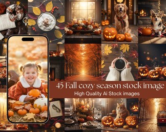 Puede incluir: Un collage de imágenes con temática otoñal. Incluye un niño sonriente con calabazas, linternas talladas, un perro con bufanda y una taza de café. El texto dice "45 Fall cozy season stock image".