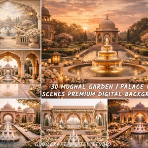 May include: A selection of digital backgrounds depicting Mughal gardens and palace arches. The images display elaborate architecture, fountains, and verdant landscaping, with warm lighting and a tranquil atmosphere. Text on the image reads "30 Mughal Garden / Palace Arch Scenes Premium Digital Backgrounds".