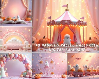 Puede incluir: Una colección de fondos digitales de Halloween en tonos pastel con escenas caprichosas. Las imágenes incluyen una carpa de circo, calabazas, fantasmas, una noria y arcos de globos. El texto dice "40 HAUNTED PASTEL HALLOWEEN DIGITAL BACKDROP" y "GLOWCRAFT DIGITEL STUDIO".