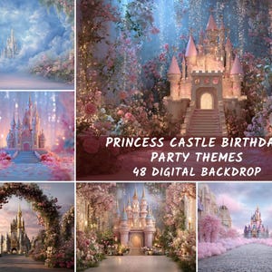 Prinses kasteel sprookjesachtige achtergrond | Betoverde digitale achtergrond voor zwangerschaps-, kinder-, portret- en fantasiefotoshoots