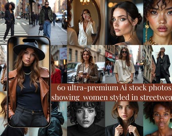 Könnte beinhalten: Eine Collage von Bildern mit Frauen in Streetwear. Die Bilder zeigen verschiedene Outfits, darunter Blazer, Lederjacken und Freizeitkleidung. Der Text im Bild lautet: "60 ultra-premium AI stock photos showing women styled in streetwear."