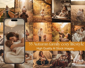 Puede incluir: Un collage de imágenes que representan momentos familiares de otoño. Las escenas incluyen a una madre y un niño en un campo de calabazas, un niño sobre los hombros de un padre y escenas interiores acogedoras. El texto dice "55 Autumn family cozy lifestyle High Quality Ai Stock images."
