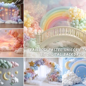 May include: A selection of digital backdrops with a rainbow pastel unicorn theme. The images feature balloon arches, clouds, rainbows, and moons in soft pastel colours. Text on the image reads "Rainbow Pastel Unicorn Theme 60 Digital Backdrop."