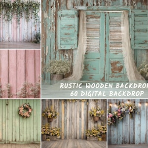 May include: A collage of rustic wooden backdrops with floral and shutter door designs. The backdrops feature distressed wood in various colors, including pink, green, and blue, with floral arrangements and the text "RUSTIC WOODEN BACKDROPS 60 DIGITAL BACKDROP".