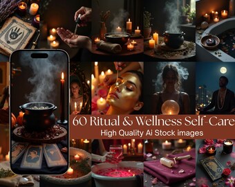 Puede incluir: Un collage de imágenes que representan prácticas de autocuidado ritual y bienestar. Las escenas incluyen velas, un caldero, cartas del tarot y una persona recibiendo un tratamiento facial. Se muestra el texto "60 Ritual & Wellness Self-Care".