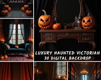 Puede incluir: Un collage de imágenes que representan un tema victoriano embrujado de lujo. Las escenas incluyen calabazas talladas, muebles antiguos y cortinas oscuras. El texto de la imagen dice "LUXURY HAUNTED VICTORIAN 30 DIGITAL BACKDROP" y "GLOWCRAFT DIGITAL STUDIO".