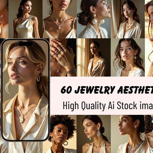 Puede incluir: Un collage de imágenes que presenta varias piezas de joyería, incluyendo collares, pendientes y anillos. Las imágenes muestran a mujeres luciendo las joyas. El texto sobre un fondo rosa dice "60 JEWELRY AESTHETICS High Quality Ai Stock images."