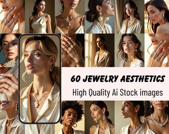 Puede incluir: Un collage de imágenes que presenta varias piezas de joyería, incluyendo collares, pendientes y anillos. Las imágenes muestran a mujeres luciendo las joyas. El texto sobre un fondo rosa dice "60 JEWELRY AESTHETICS High Quality Ai Stock images."