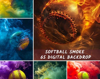Puede incluir: Un collage de imágenes con pelotas de softbol envueltas en humo colorido. Las pelotas son amarillas con costuras rojas. También se ve el texto "SOFTBALL SMOKE 65 DIGITAL BACKDROP" y "GLOWCRAFT DIGITAL STUDIO".