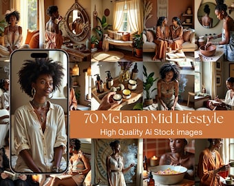 Plus de 70 photos de mélanine lifestyle | Images de bien-être et de marque de femmes à mi-carrière | Pack soins personnels, soins de la peau et marketing numérique sans visage