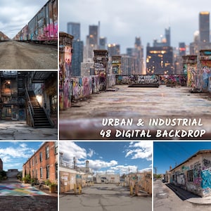 May include: A collage of urban and industrial digital backdrops. Images include graffiti-covered buildings, train cars, and cityscapes. The text "URBAN & INDUSTRIAL 48 DIGITAL BACKDROP" is displayed in white.