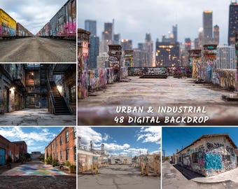 Può includere: Un collage di sfondi digitali urbani e industriali. Le immagini includono edifici coperti di graffiti, vagoni ferroviari e paesaggi urbani. Il testo "URBAN & INDUSTRIAL 48 DIGITAL BACKDROP" è visualizzato in bianco.