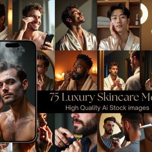 Op de afbeelding: Een collage van mannen die huidverzorgingsproducten gebruiken. De afbeelding bevat een smartphone met een man die een gezichtsmasker aanbrengt. Tekst luidt "75 Luxury Skincare Men" en "High Quality Ai Stock images".